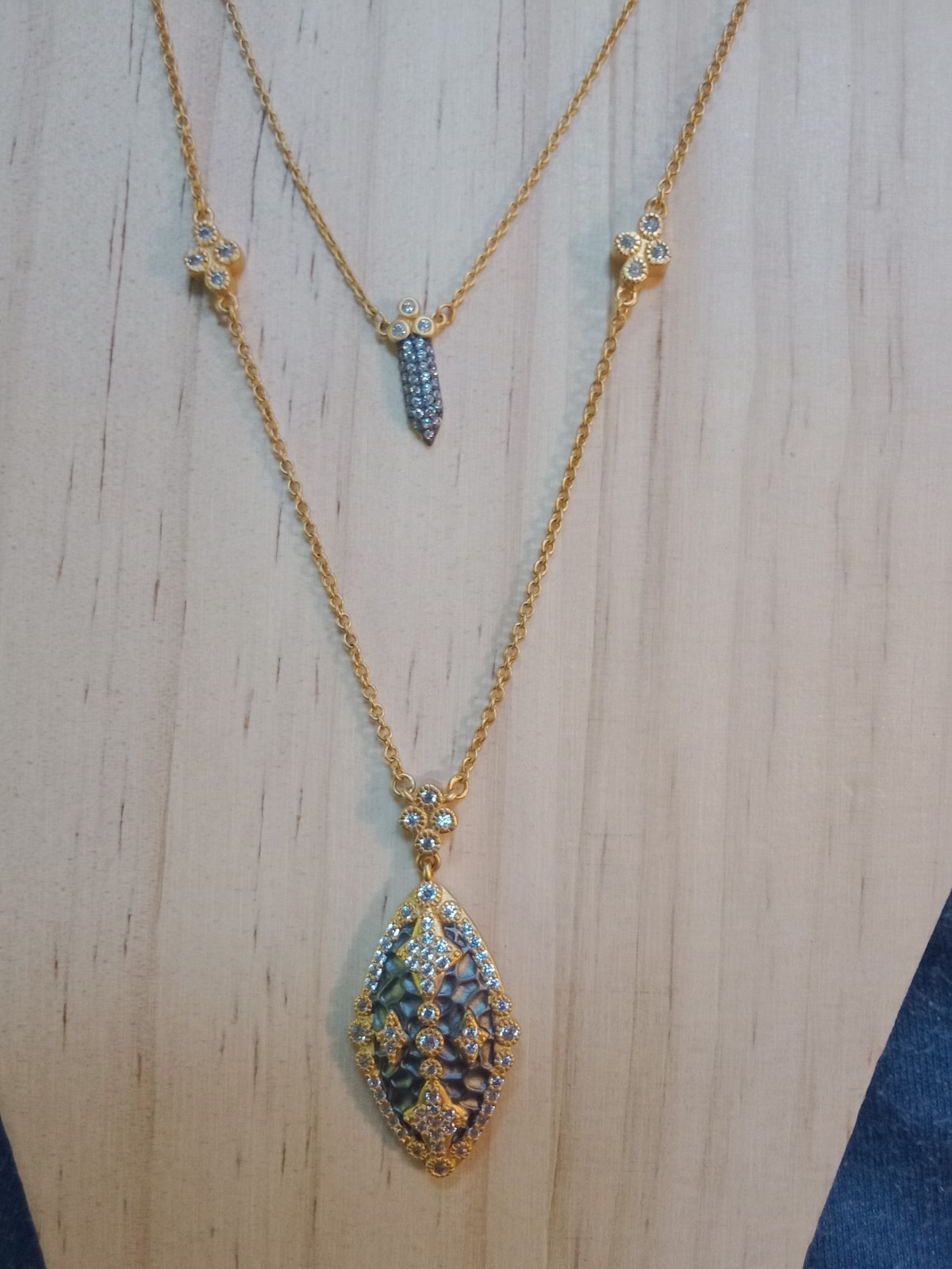 2 Gold Tone Freida Rothman Necklaces Stamped 925 Gray & CZ Accents