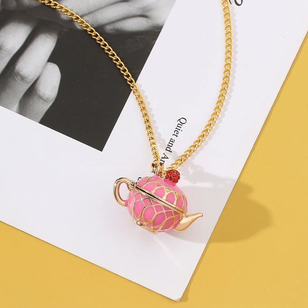 Pink & Gold Teapot Necklace – Cute, Locket Style – Coffee, Tea, Cute Gift