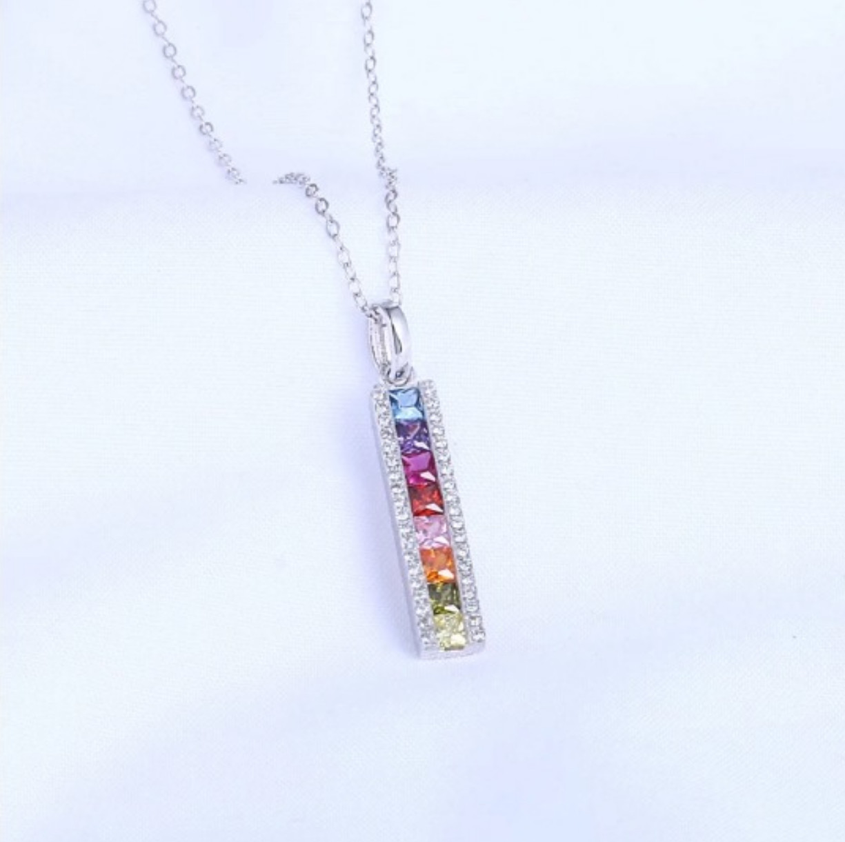 Sterling Silver Plated A+ Zirconia Rainbow Pillar Pendant Choker Necklace
