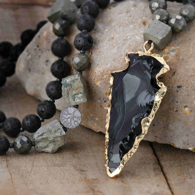 Natural Lava Rock Obsidian Arrow Charm Necklace Healing Protection Spiritual Jew