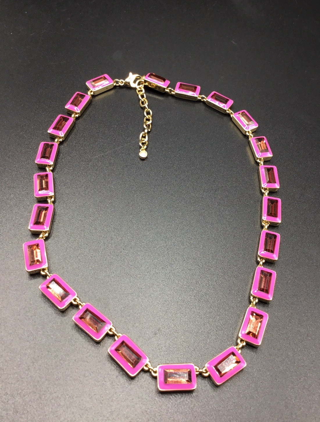 Gold Tone Pink Enamel and Rhinestone Necklace