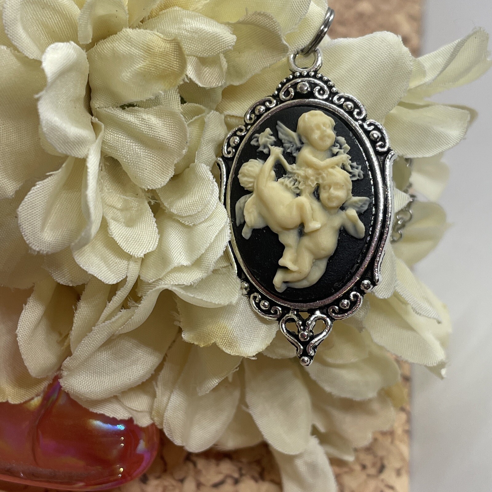 Valentine’s Day Gift ANGEL Wife Cherub Heart Silver Arrow Cupid Cameo Necklace