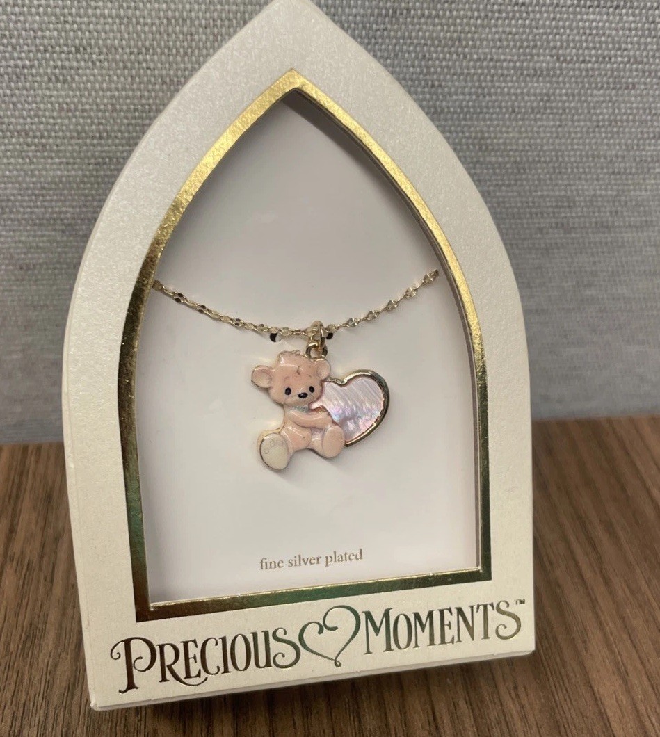 Precious Moments Bear & Heart Necklace Fine Silver Plated Gold Tone & Enamel