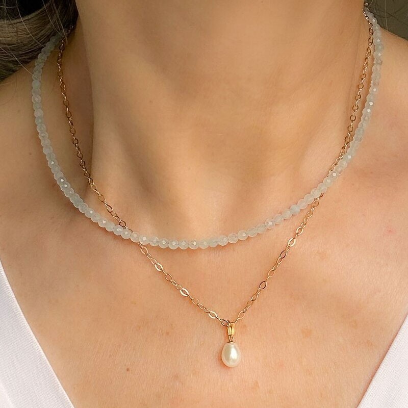 2mm Aquamarine Crystal Gemstone Faceted Beads Dainty Choker Necklace Minimalist