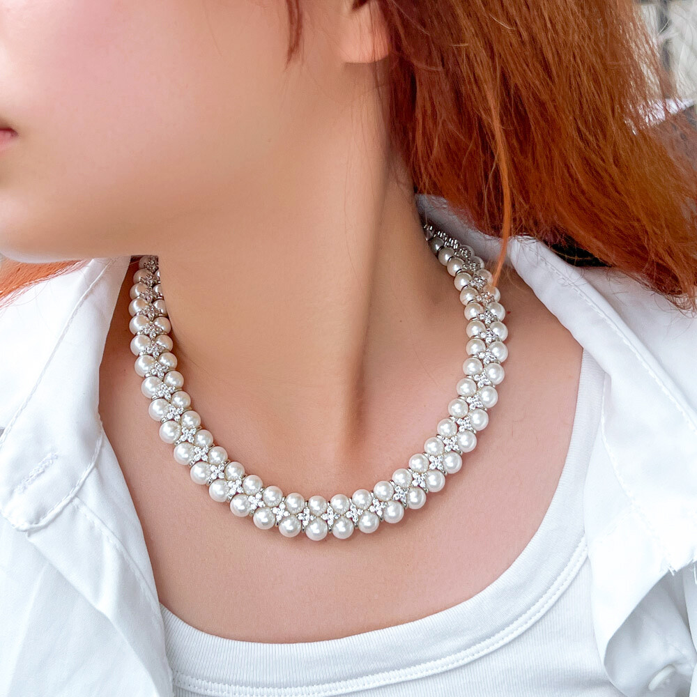 Handmade Pearl Cubic Zircon Multiple Cluster Wedding Engagement Choker Necklace