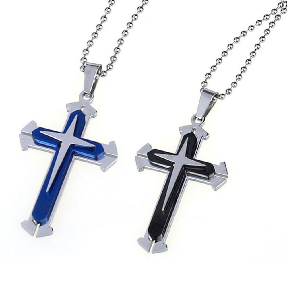 New Unisex’s Men’s Women Silver Blue Stainless Steel Cross Pendant Necklace Gift