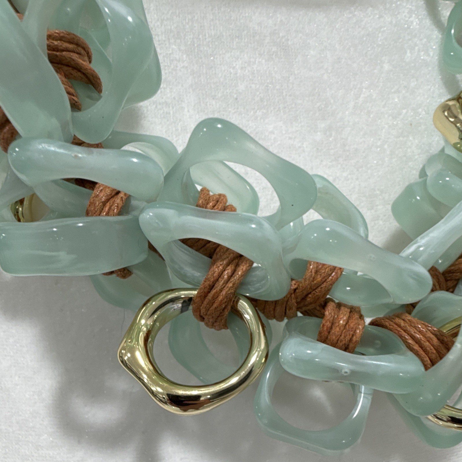 Aqua Acrylic Link Statement Necklace Brown Cord Gold Tone Cable Chain Adjustable