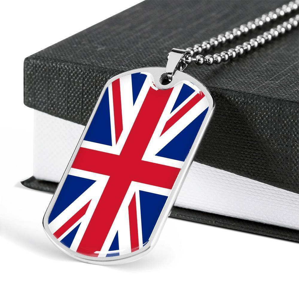 United Kingdom Flag Necklace Stainless Steel or 18k Gold Dog Tag 24″