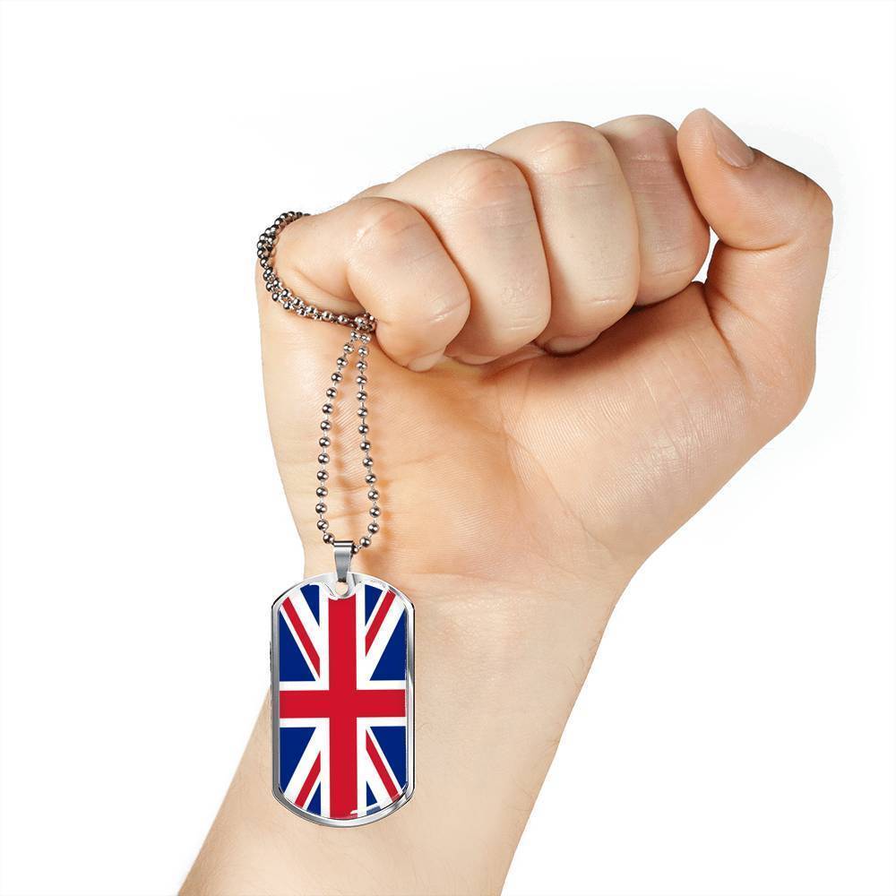 United Kingdom Flag Necklace Stainless Steel or 18k Gold Dog Tag 24″