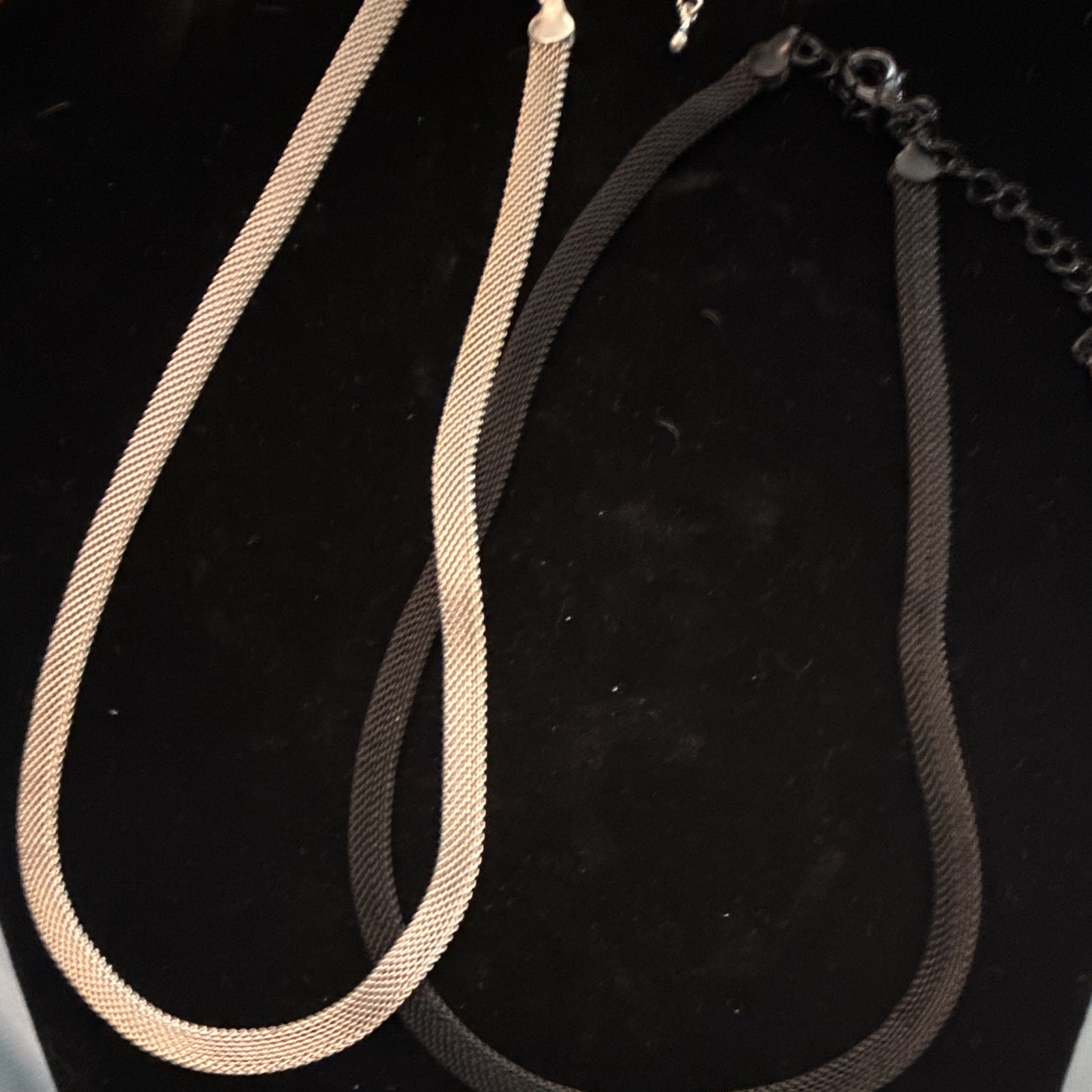 Silver & Black Metal Mesh Chain Necklace, Clasp Closure, No Stone