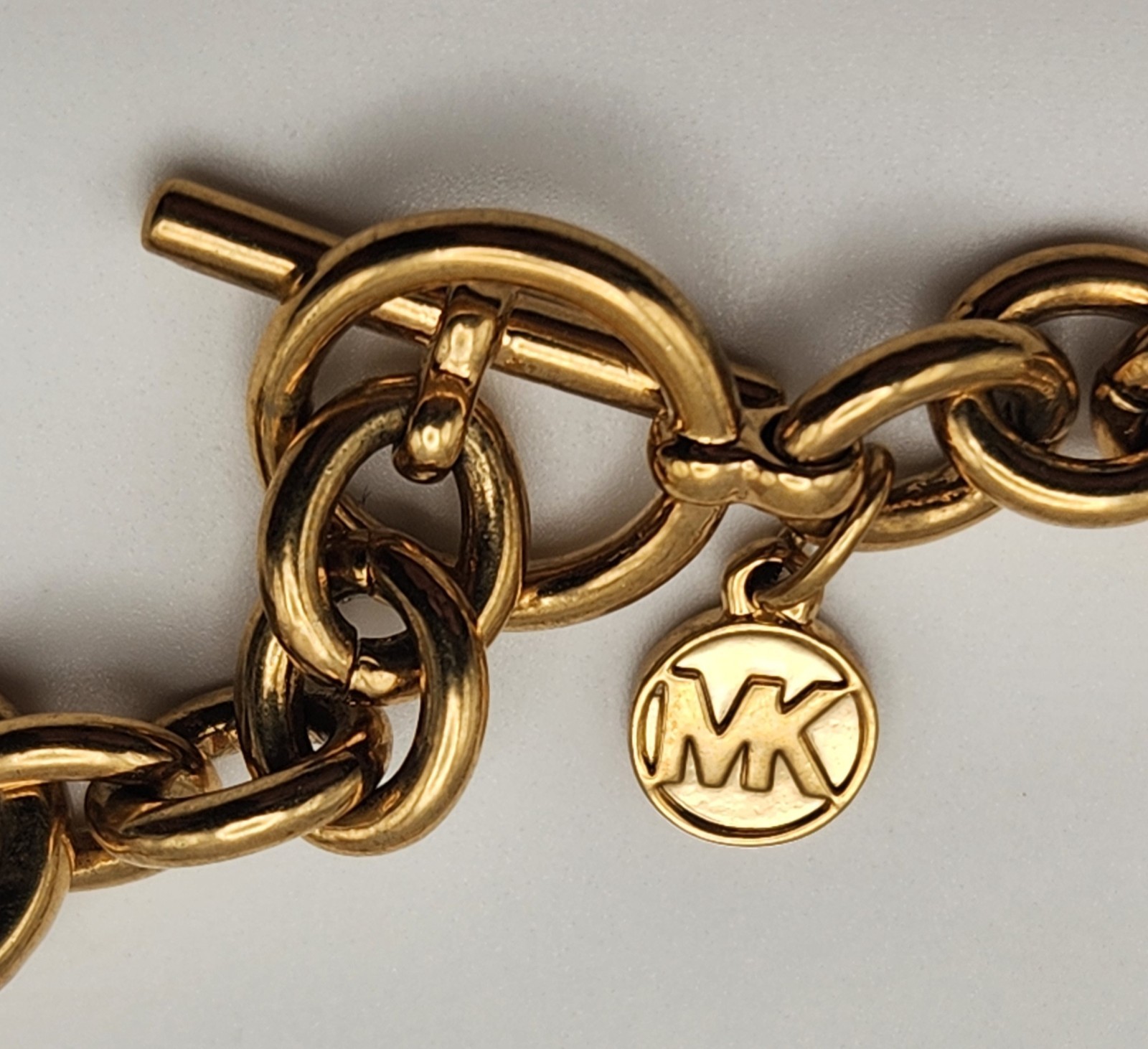 Michael Kors Gold Tone 26″ Rolo Link Necklace Crystal Pave Toggle Statement