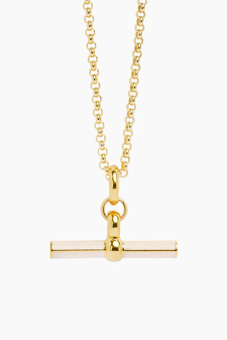 Rolo Chain T Bar Pendant Necklace Brass Metal with cream enamel necklace