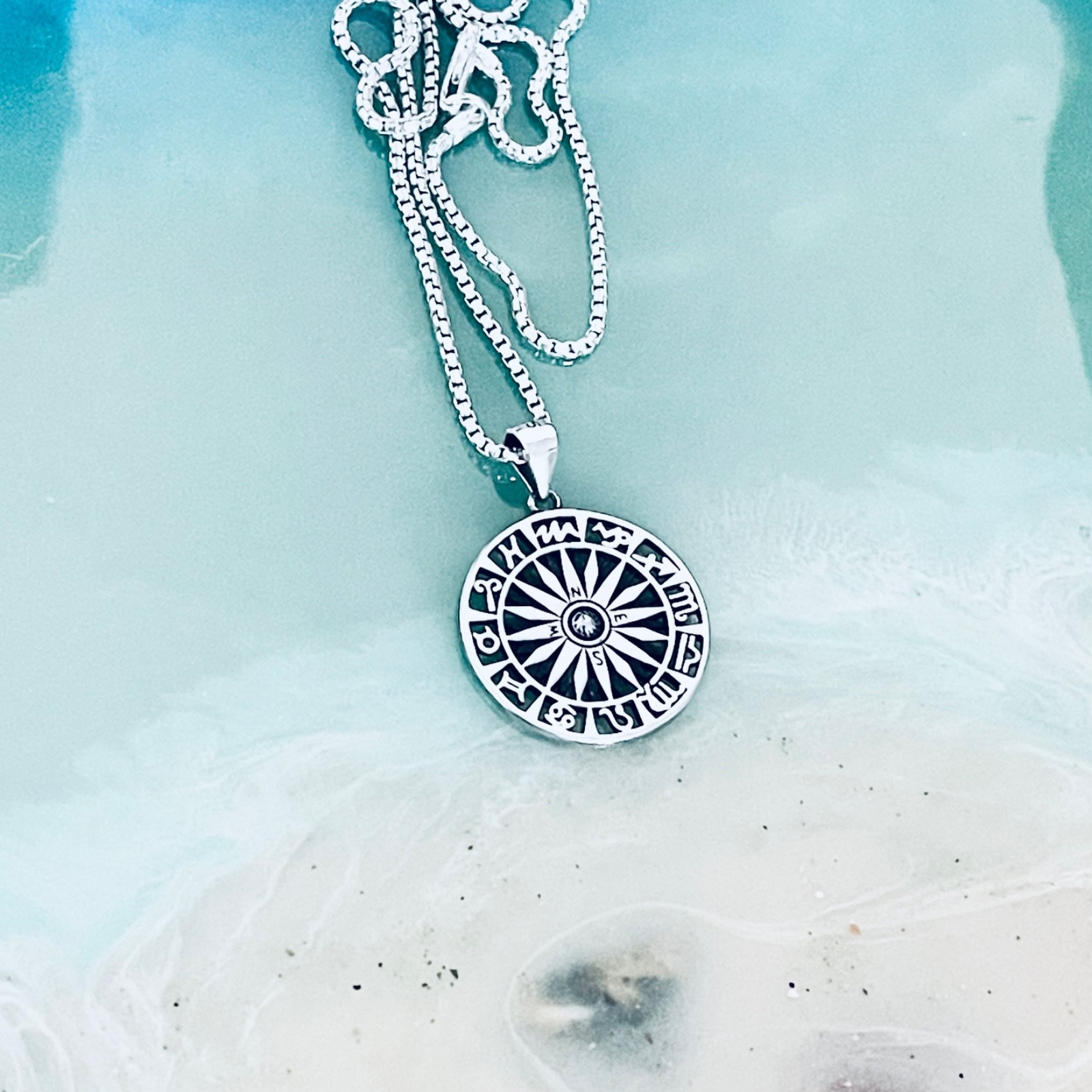 Sterling Silver Unisex Zodiac Wheel and Compass Necklace, Zodiac Signs Chain