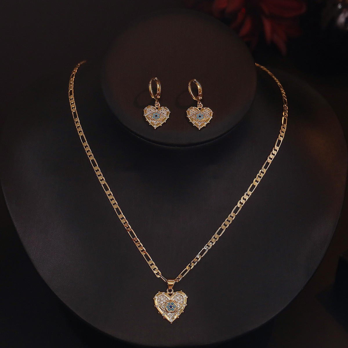 18K Gold Plated Evil Eye Heart Pendant Necklace Huggie Earrings Jewelry Set