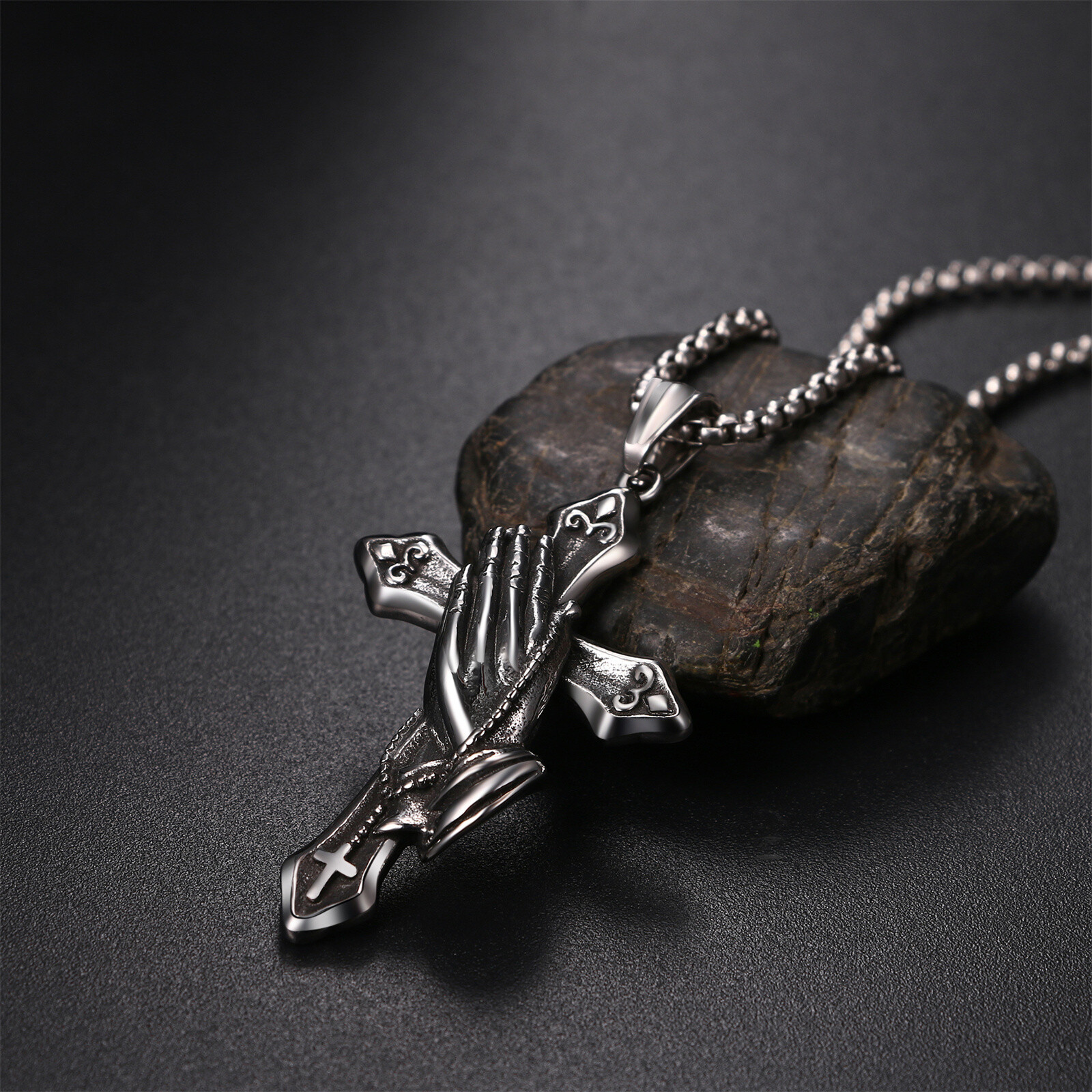 Mens Boys Vintage Stainless Steel Praying Hands Cross Pendant Necklace 22in Gift