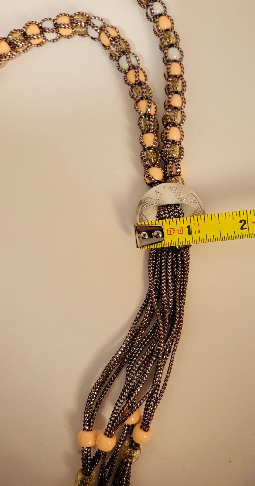 Vintage Western Bolo Tie Brown Silver Cord Silver Tone Concho Beaded Necklace
