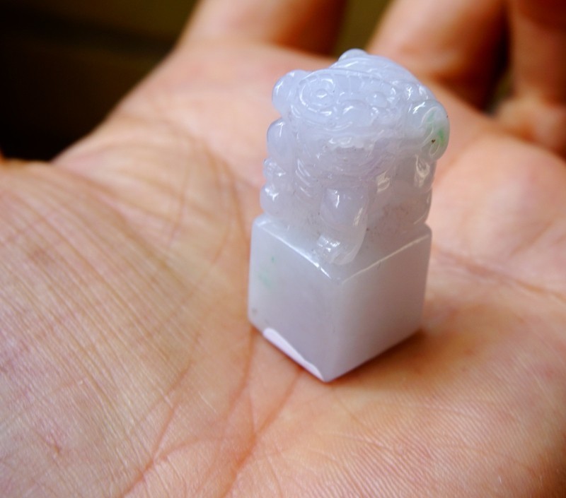 Certified Natural Grade A White Green Jade Jadeite Seal w Pixiu 684