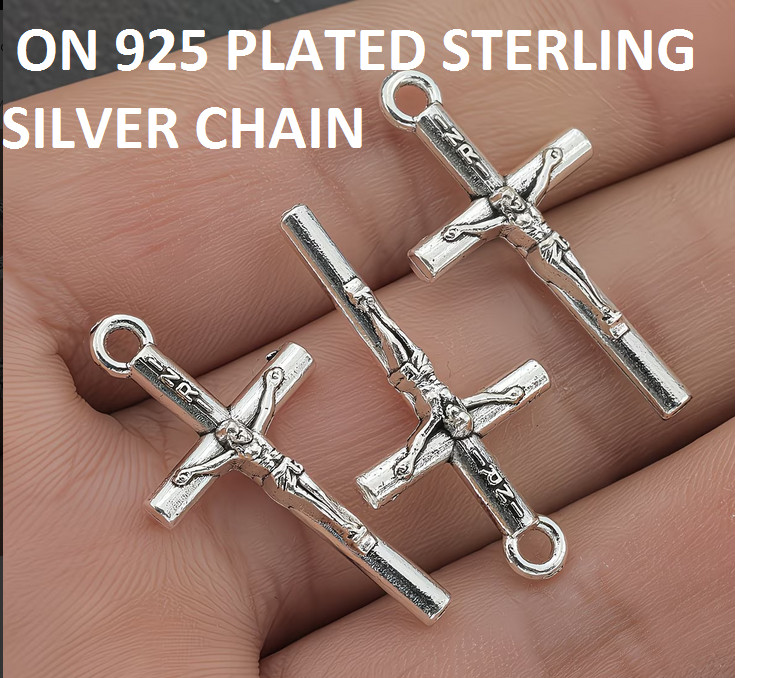 Small CROSS CRUCIFIX Charm Plated 925 Sterling Silver 18″ Chain BOY GIRL WOMEN