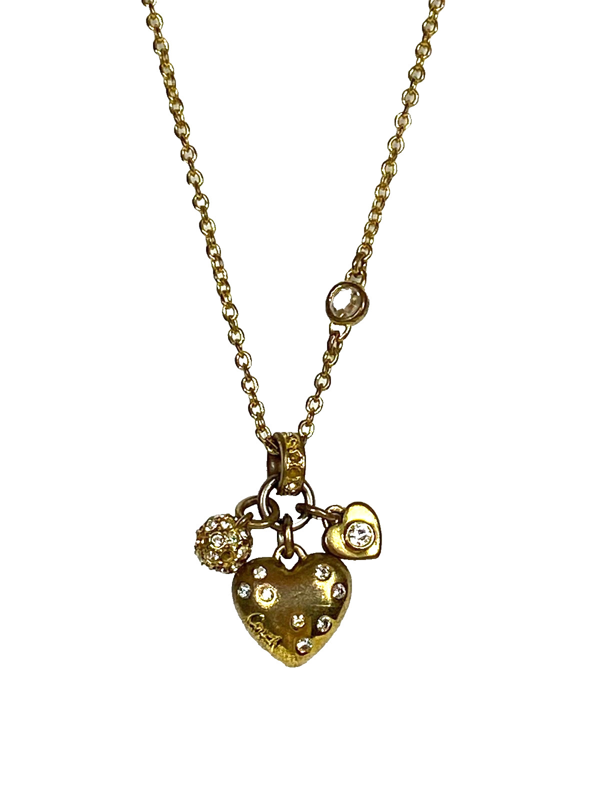 Coach Gold Tone Charm Necklace Heart With Clear Crystals Small Heart Crystal ++