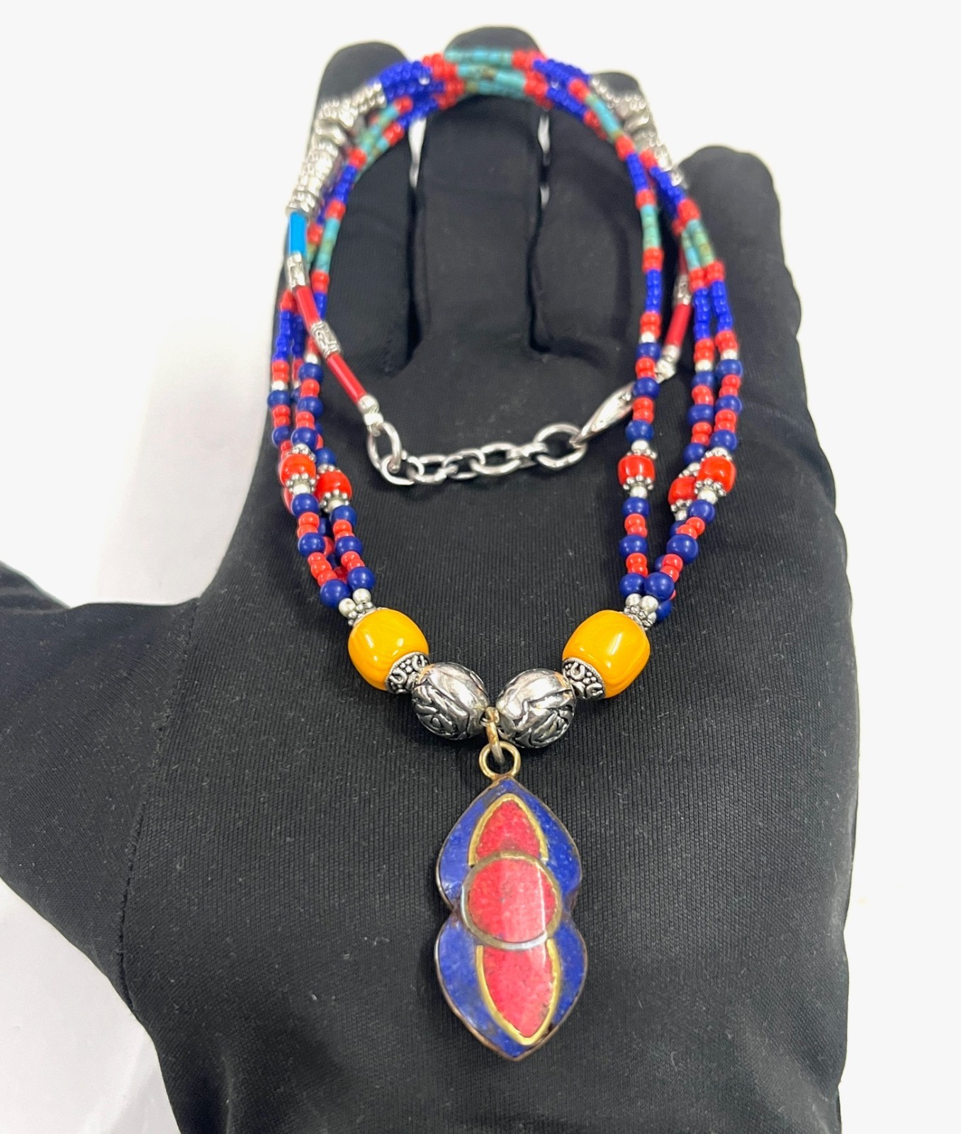 Red Coral Lapis Gemstone Tibetan Style Handmade Necklace Jewelry, 17 Inch Adjst