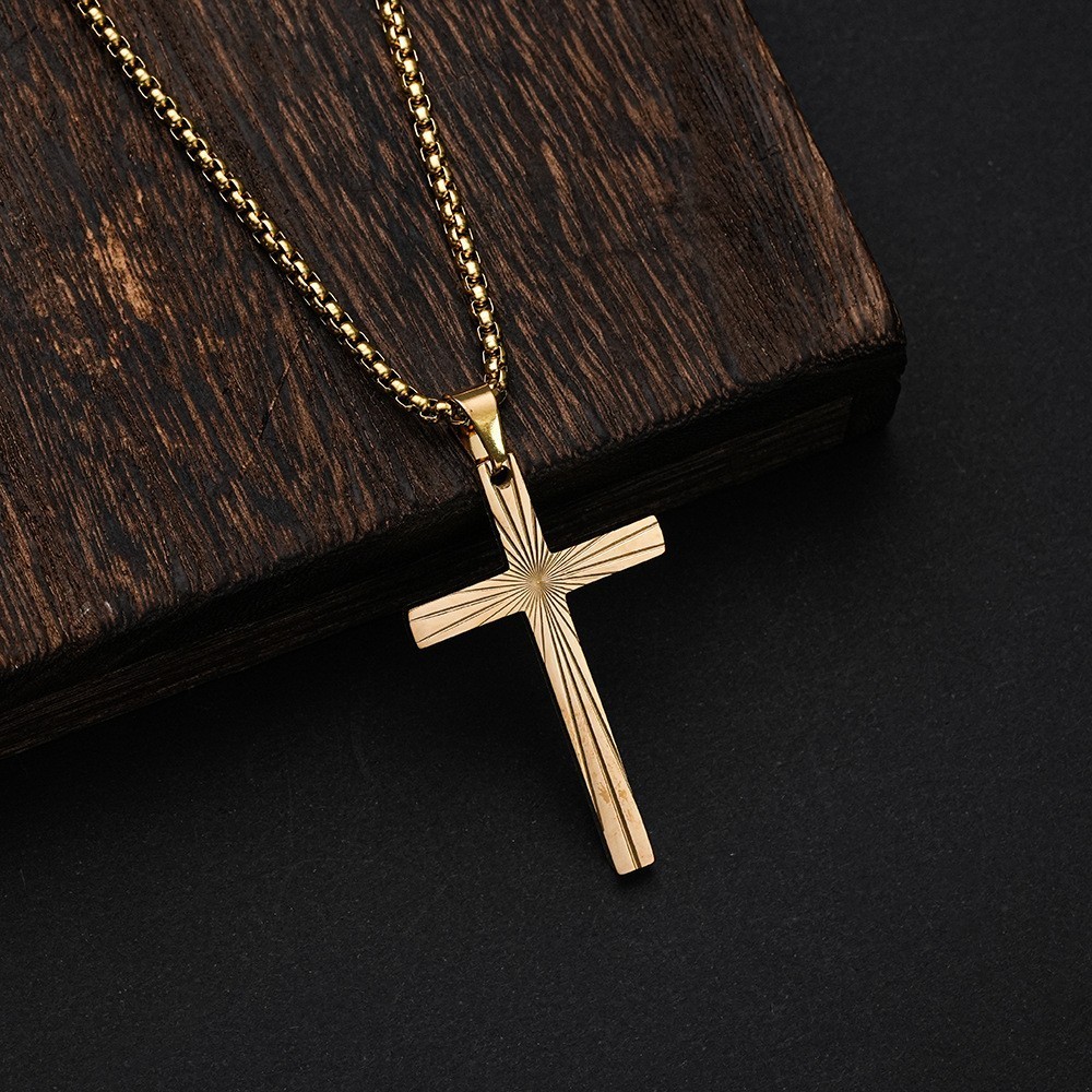 Gold Christian Cross Pendant Necklace Sunburst Etched Chain Faith Jewelry Gift