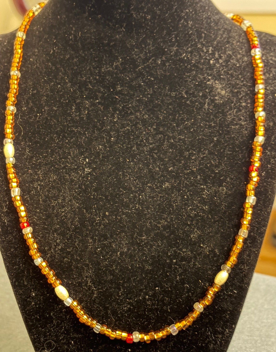 Necklace- Pearls, Brown, Red and glass Beads With A Lobster Clasp. $9 201/2