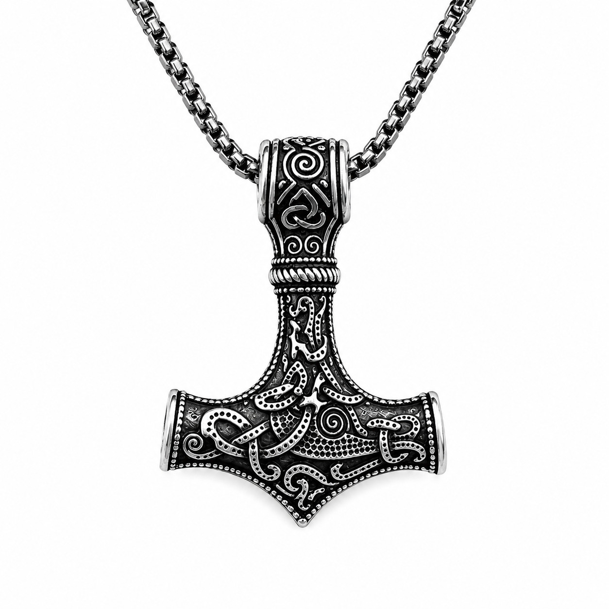 Norse Viking Mjolnir Hammer Pendant Necklace Antique Silver & Gold Celtic Chain