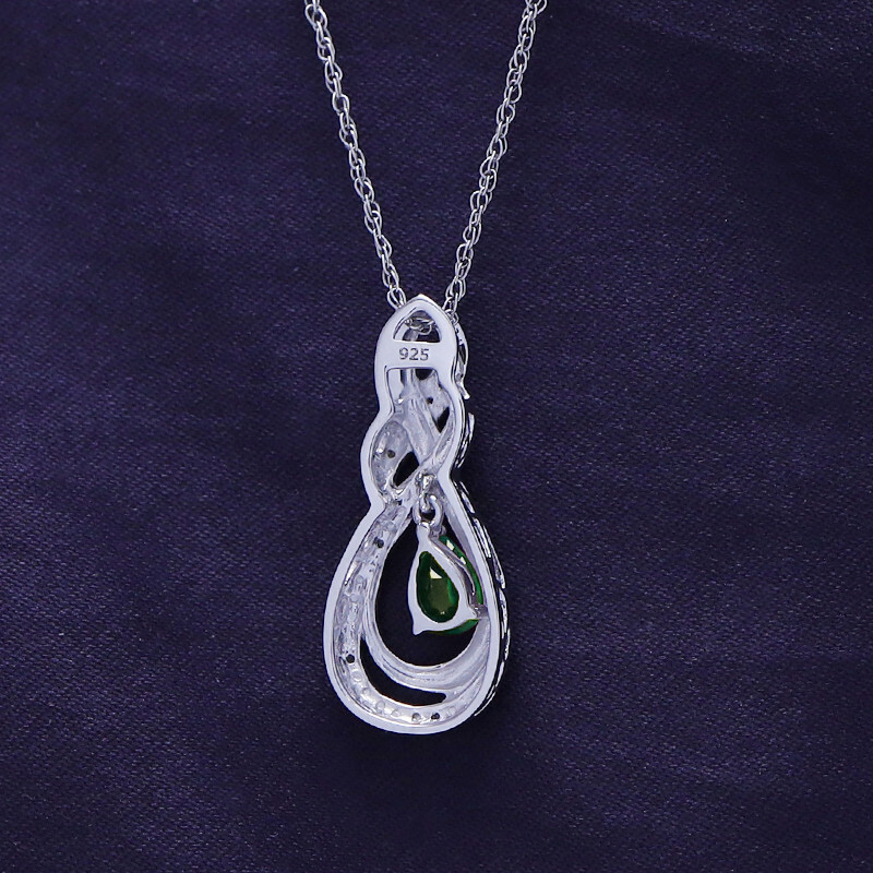 1/4 Ct Natural Diamond & Simulated Emerald Teardrop Pendant Necklace 925 Silver