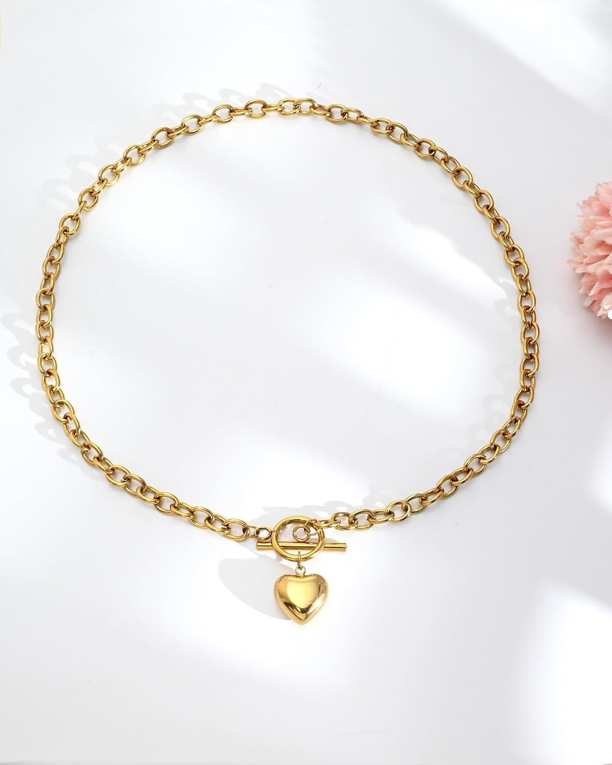 14K Gold Plated Heart Pendant Necklace for Women Trendy Chunky Link Chain Toggle