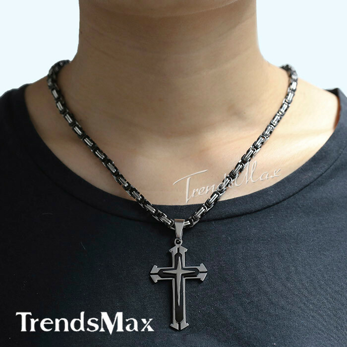 Mens Chain Silver Black Byzantine Box Stainless Steel Cross Pendant Necklace 22″