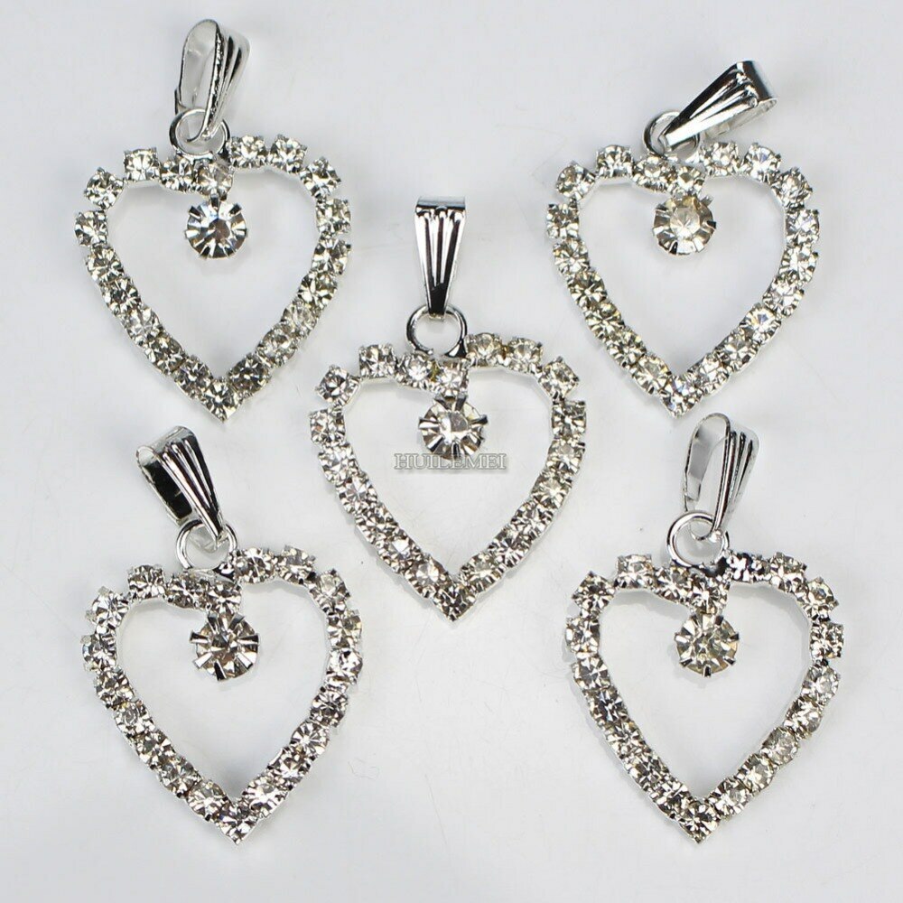20pcs/lot 23x19mm Silver Plated Czech Crystal Rhinestone Love Heart Pendant Bead