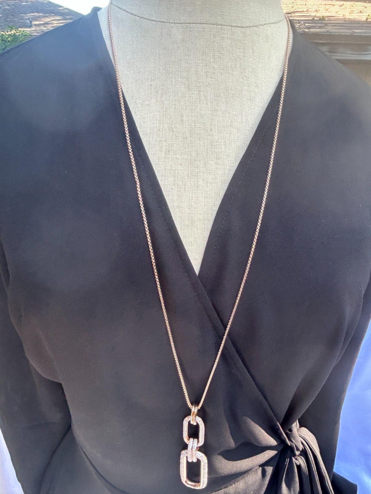 MICHEL KORS Iconic Links Rose Gold Long Pendant Necklace Pave Crystal MKJ6964791