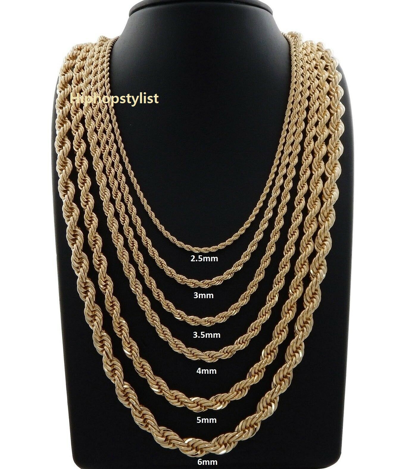 Mens Rope Chain Necklace Bracelet 2mm to 6mm 14k Gold Plated 8, 9, 20, 24, 30″