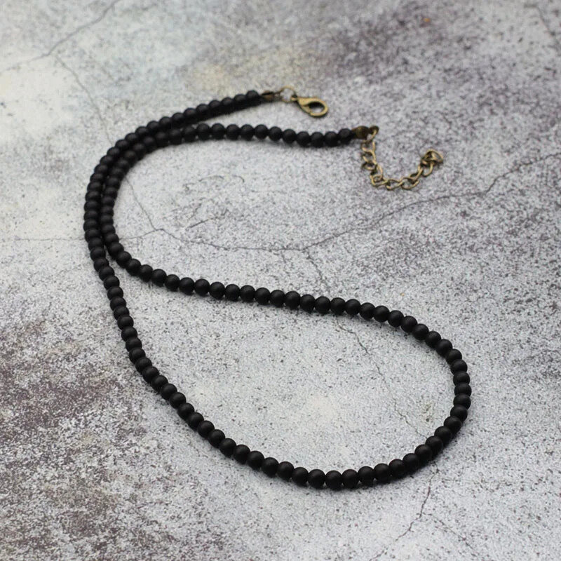 Antique Handmade 4mm Natural Stone Beads Necklace Simple Mens Chocker