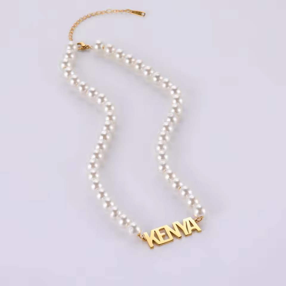 Custom Name Pearl Chain Pendant Necklace Jewelry Stainless Steel Gold Silver