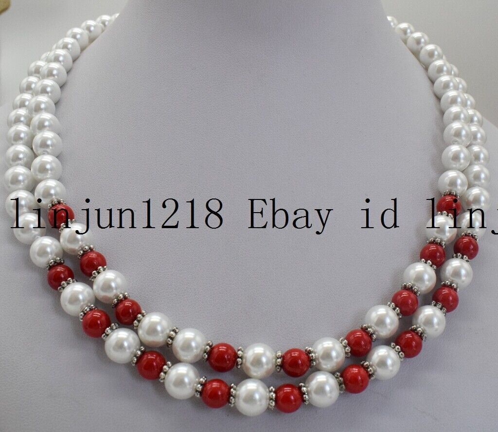 2 Row 8mm White Sea South Shell Pearl 6mm Red Coral Gems Necklace 22-24 in