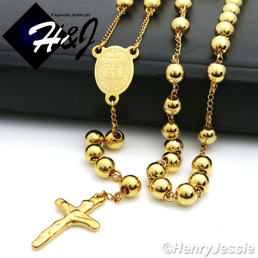 26+5″MEN Stainless Steel 6mm Gold Plated Beads Virgin Mary Rosary Necklace*RN11