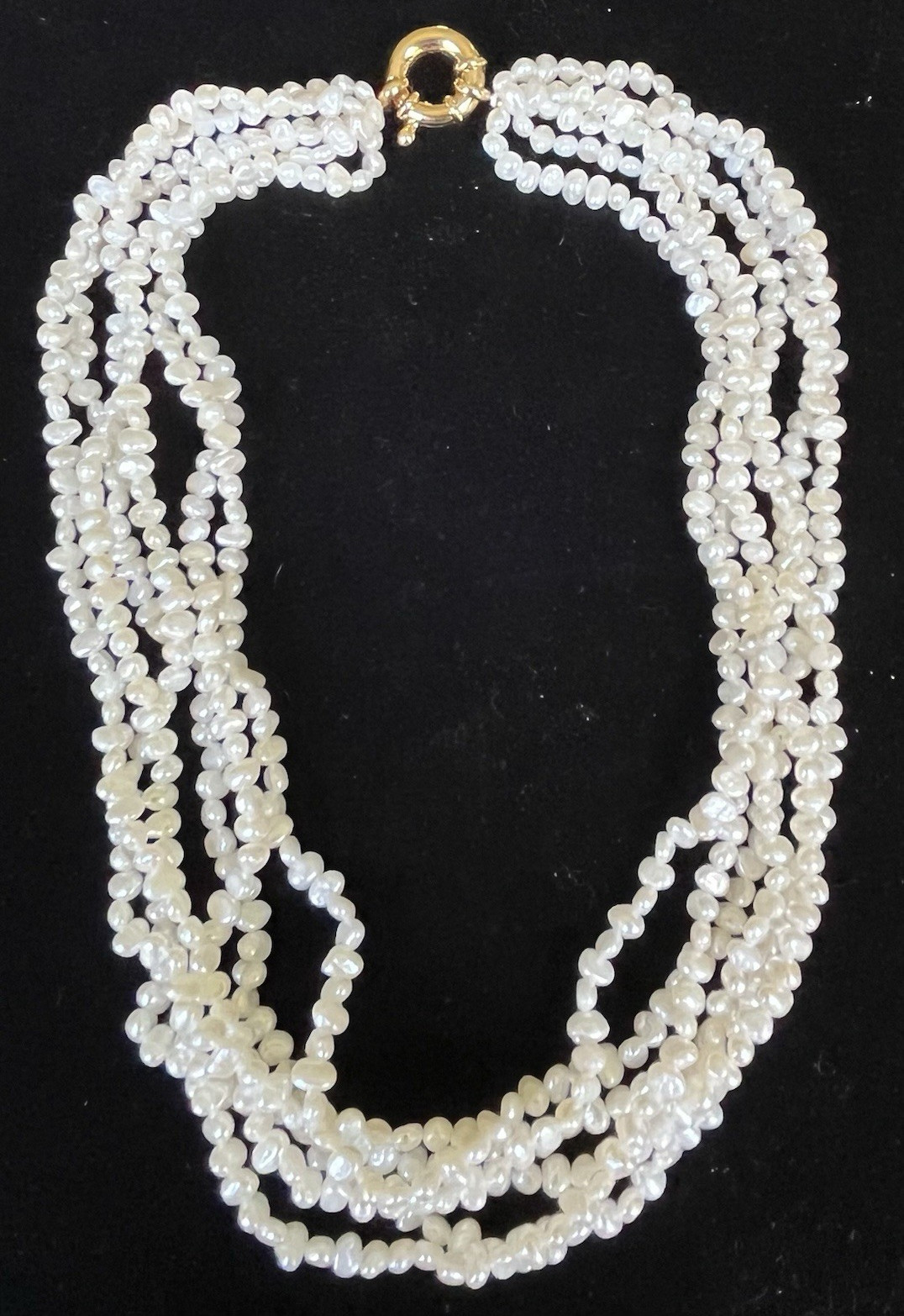 Multi-strand white baroque seed pearl bead necklace gold-tone spring ring clasp