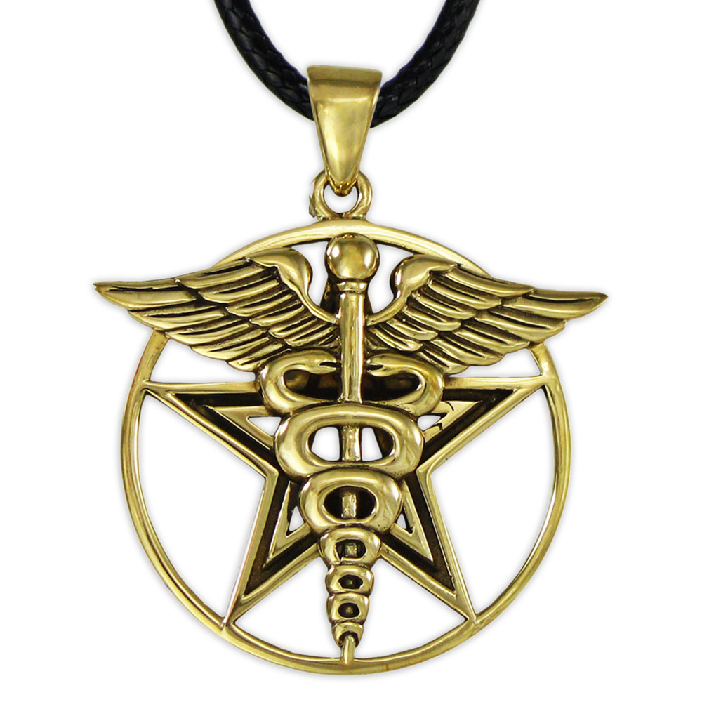 Bronze Caduceus Pentacle Pendant Necklace Jewelry Medical Pentagram