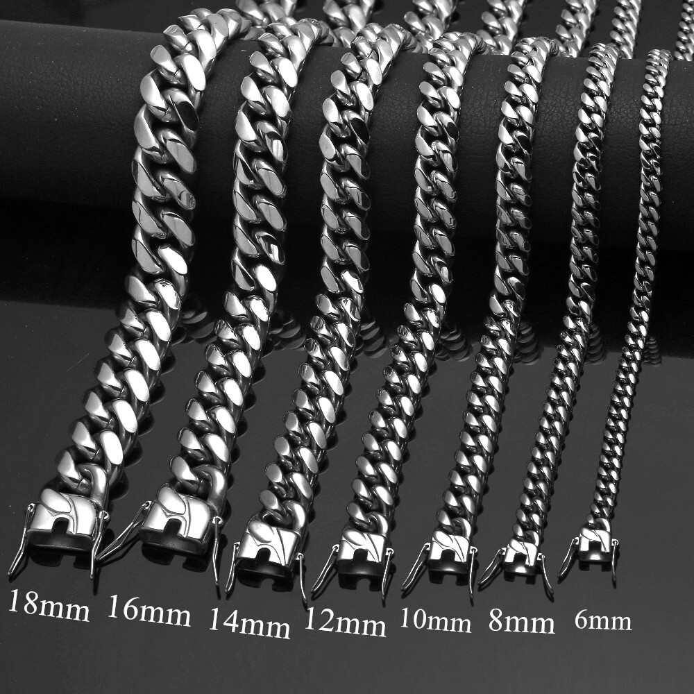 6mm-18mm Hip Hop Mens Miami Cuban Chain Silver Stainless Steel Necklace/Bracelet
