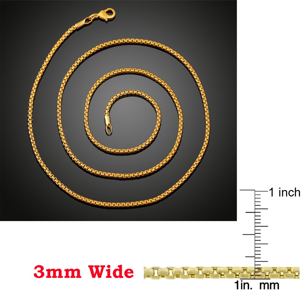 Genuine 18K Yellow Gold Filled Round Box Link Chain Necklace 3mm 16/20/22-32inch