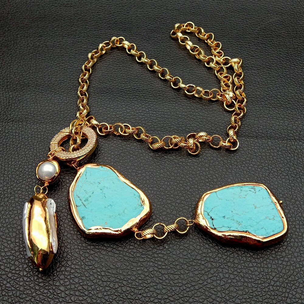 27″ White Biwa Pearl Turquoise Lariat Chain Necklace