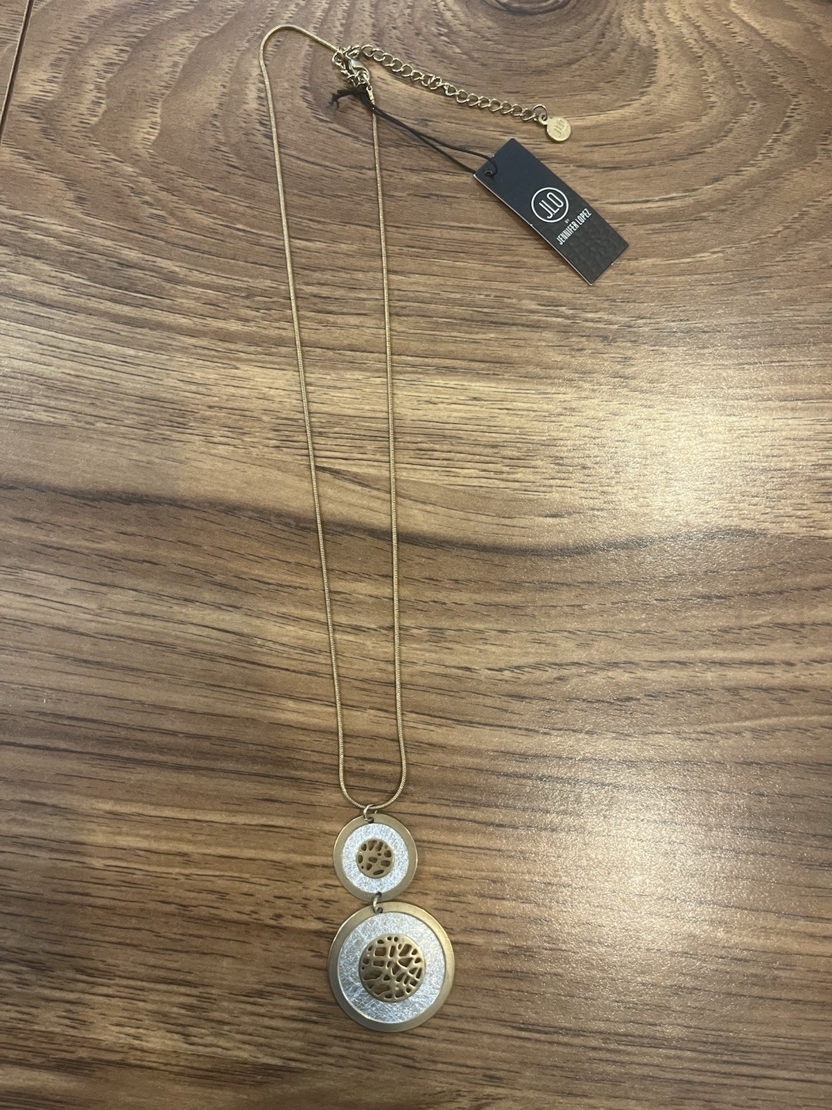 J Lo Gold Tone Snake Chain Necklace Round Double Charm Pendant Adjustable