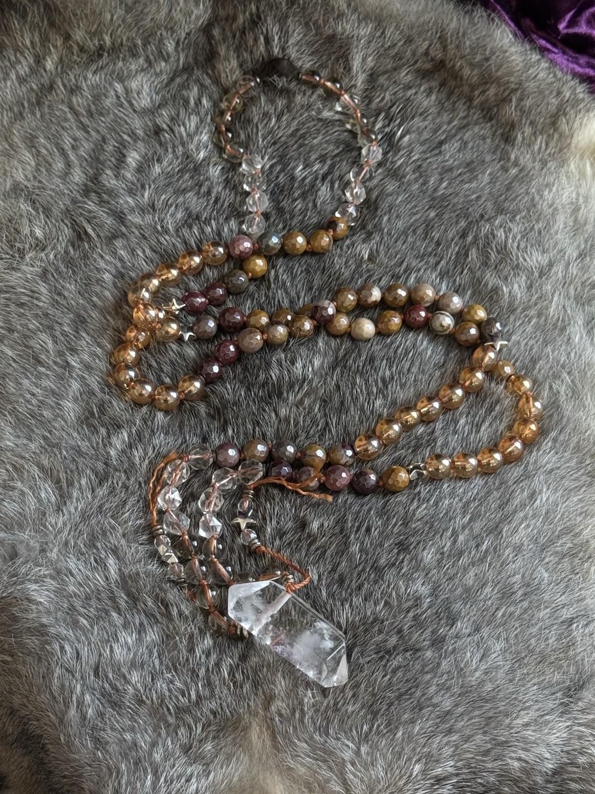 Clear quartz mookaite Jasper citrine Smokey quartz beaded mala necklace pendant