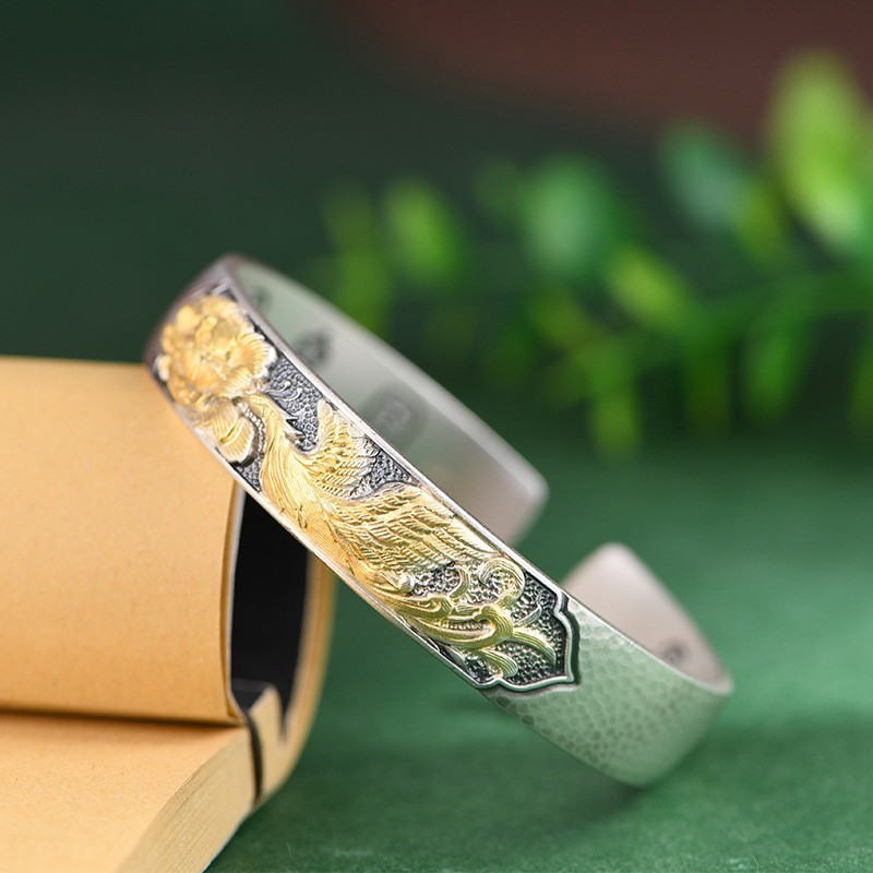 Gilded Phoenix Peony Wide Cuff Bangle Chinese Blessing 999 Solid FineSilver Gold