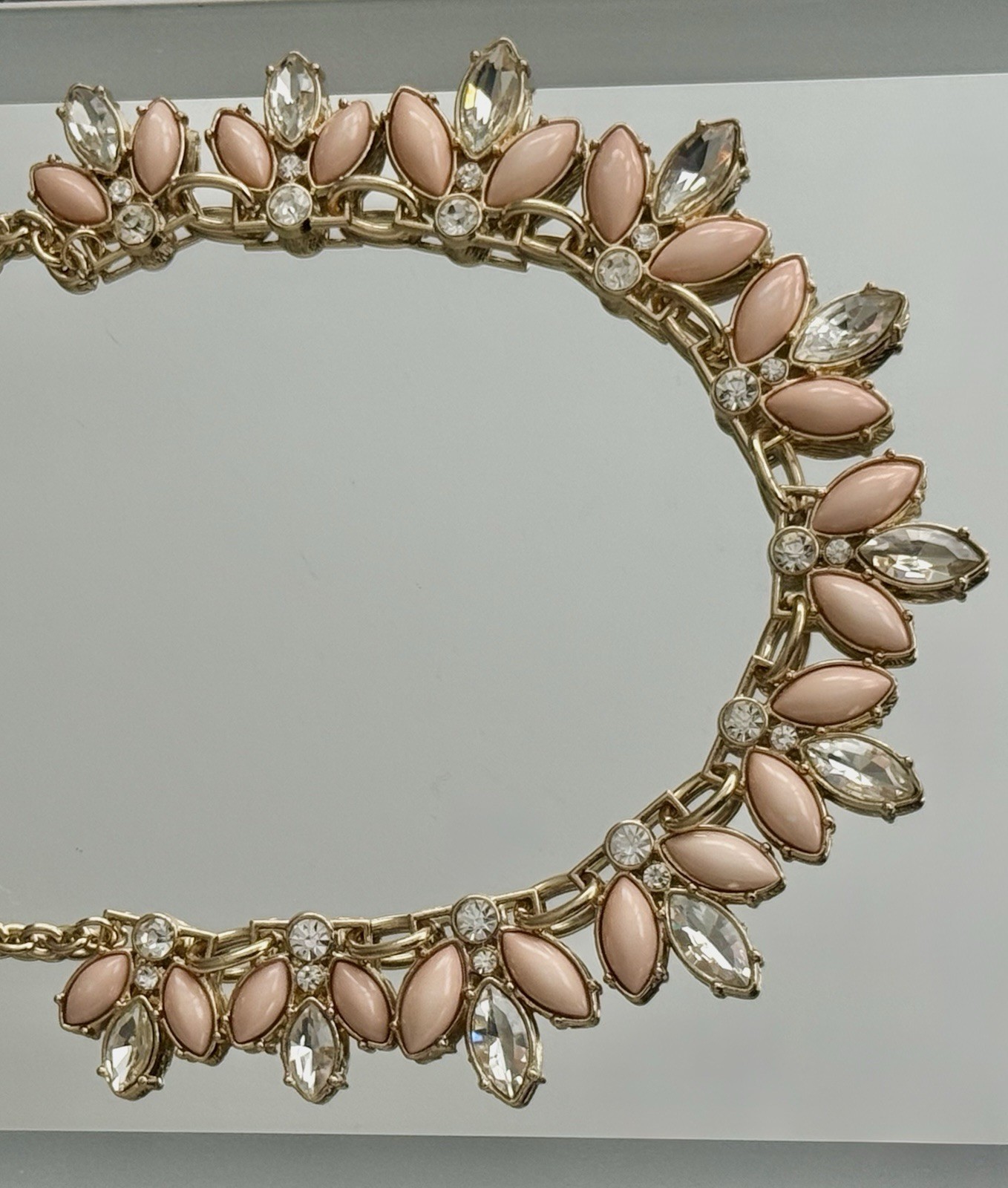 VTG Czech Peach Navette Acrylic Gold Tone Crystal CZ Teardrop Necklace Long