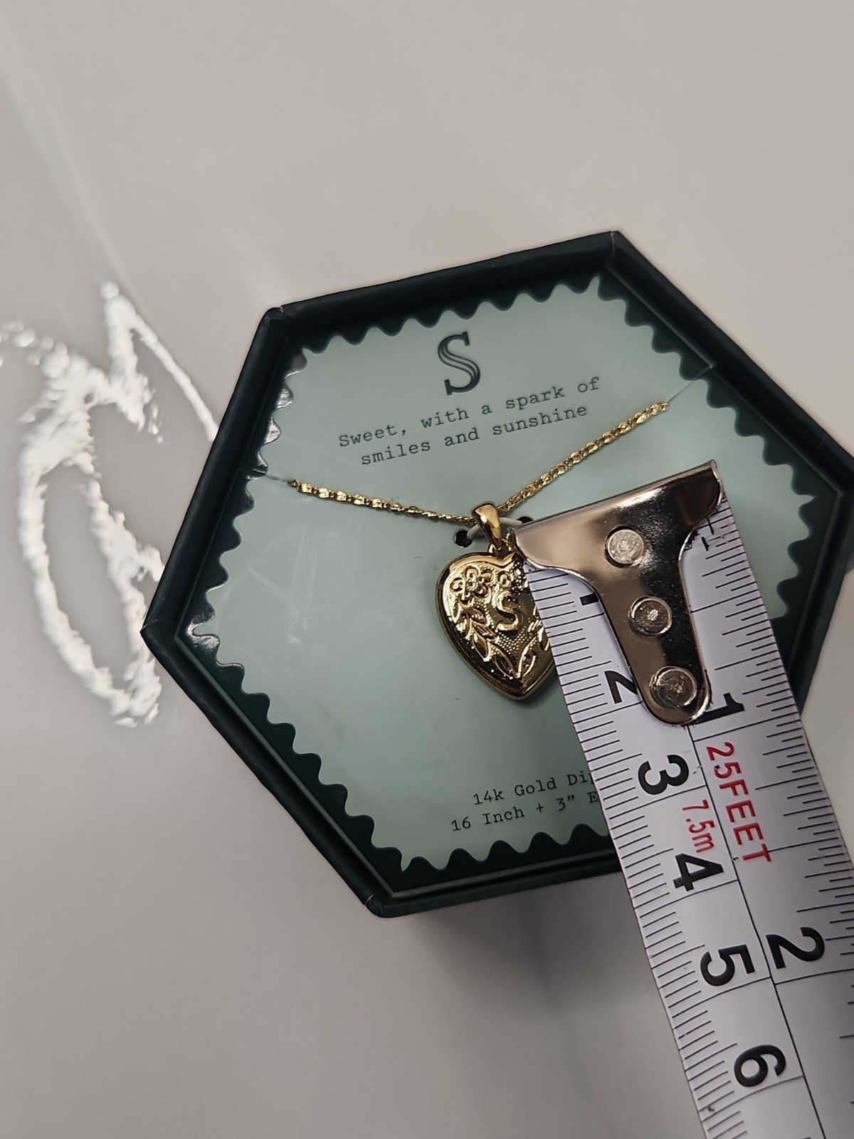 A New Day 14k Gold Dipped Initial S Heart Locket Necklace Floral Engraved Boxed