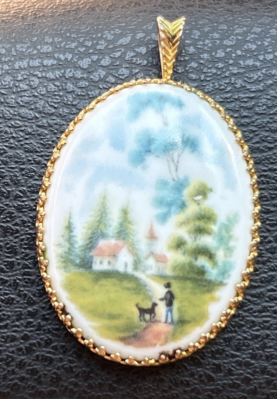 Vintage Pendant Porcelain Hand Painted Scene Boy & Dog Kaiser West Germany