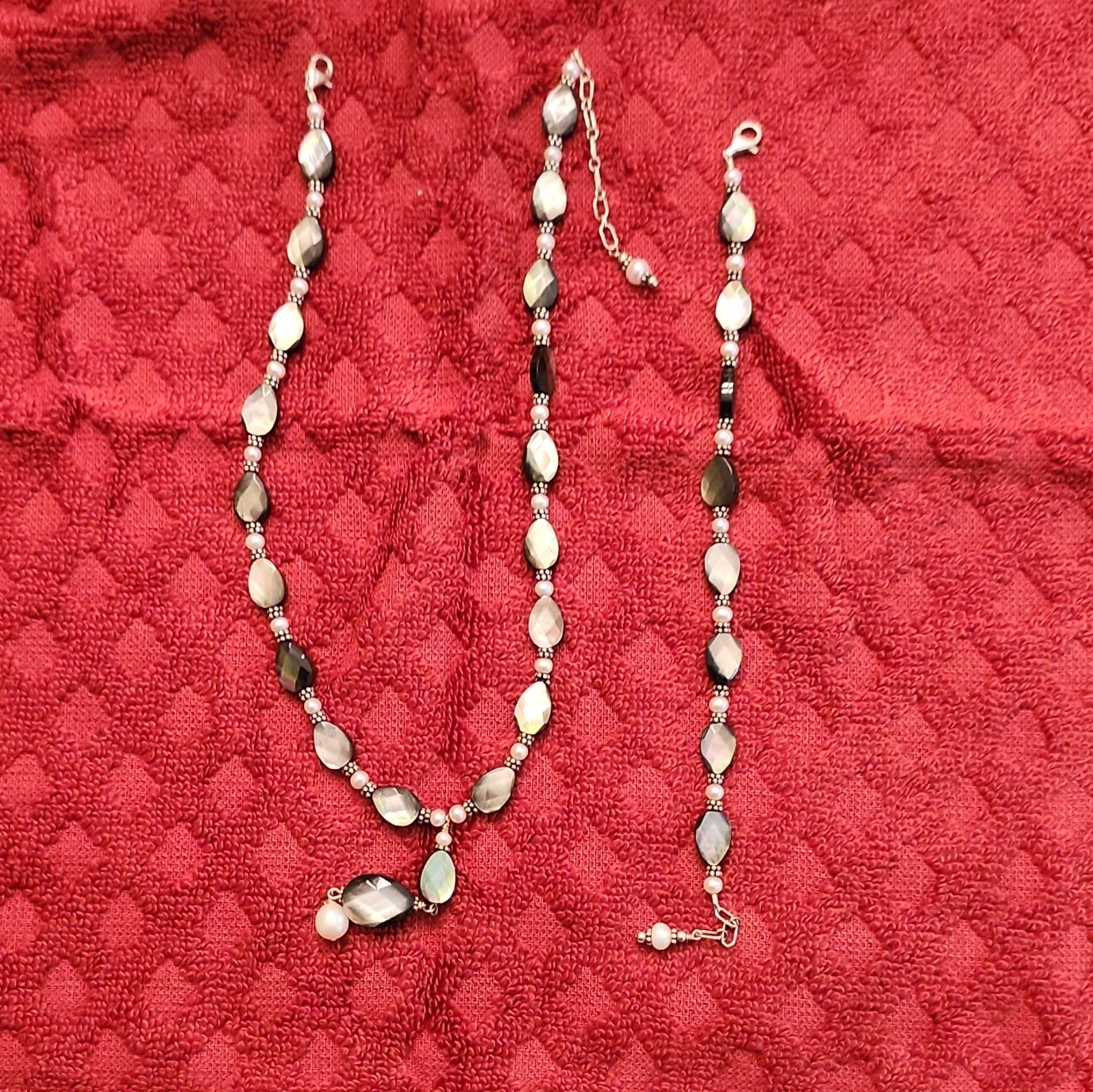 925 Sterling/Gray/White Faux Pearl Teardrop Drop Pendant 16in and bracelet set