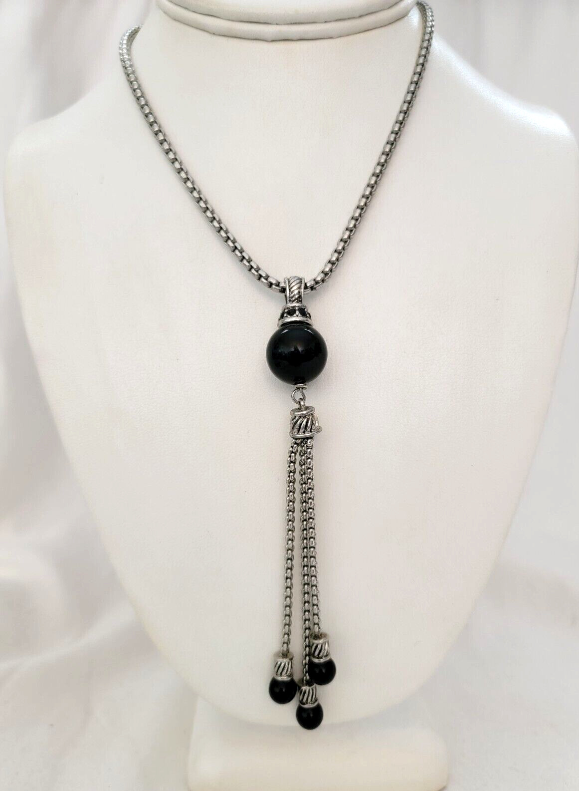 Lariat Style Dangle Tassel Black Beads Pendant Venetian Box Chain Necklace 18″ L